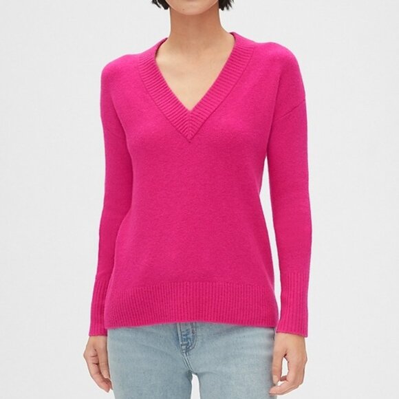Gap Boucle V-neck Wool Blend Neon Fuchsia Solid Soft Knit Long Sleeve Sweater MP - Picture 1 of 3